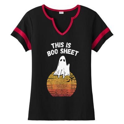 This Is Boo Sheet Ghost Retro Halloween Easy Costume Ladies Halftime Notch Neck Tee