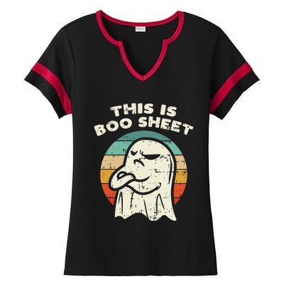 This Is Boo Sheet Ghost Retro Halloween Costume Ladies Halftime Notch Neck Tee