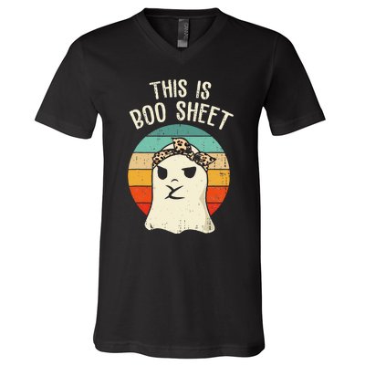 This Is Boo Sheet Ghost Retro Ghost Halloween Leopard Women V-Neck T-Shirt