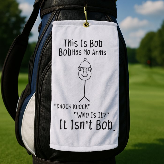 This Is Bob No Arms Knock Knock Stickman Joke Funny Golf Towel