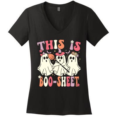 This Is Boosheet Halloween Ghost Costume Retro Groovy Women's V-Neck T-Shirt