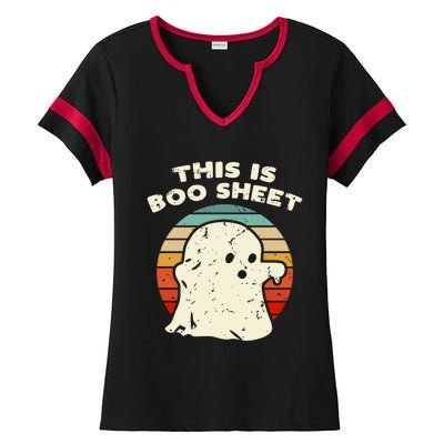 This Is Boo Sheet Ghost Vintage Retro Halloween Costume Ladies Halftime Notch Neck Tee