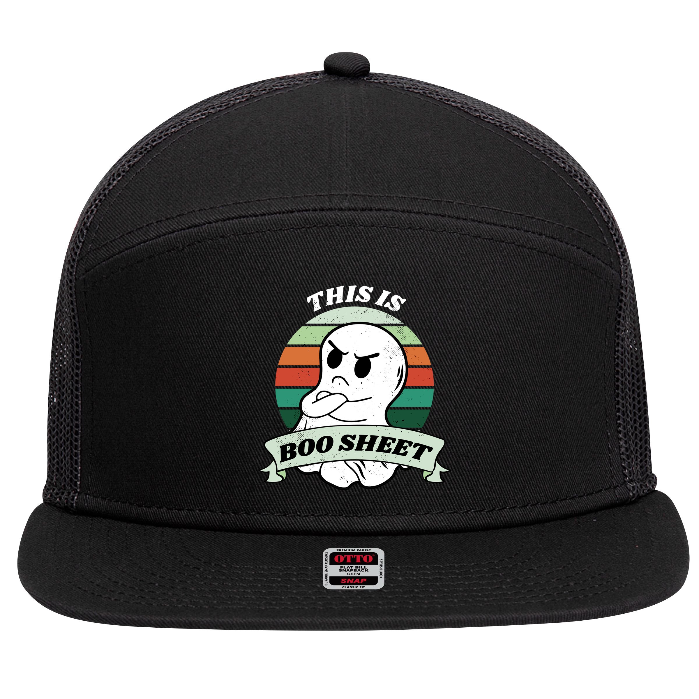 This Is Boo Sheet Cartoon Ghost Funny Halloween 7 Panel Mesh Trucker Snapback Hat