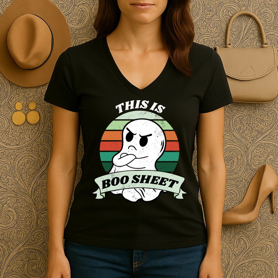 This Is Boo Sheet Cartoon Ghost Funny Halloween Women's V-Neck T-Shirt