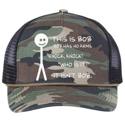 This Is Bob He Has No Arms Funny Knock Knock Sarcastic Humor Retro Rope Trucker Hat Cap