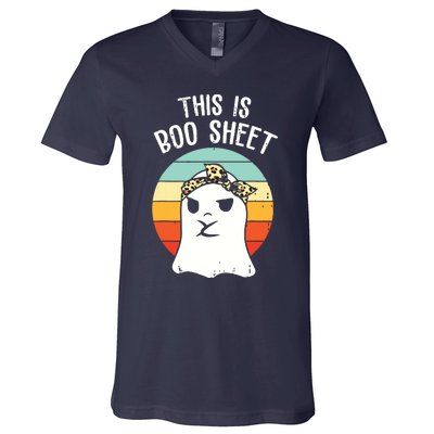 This Is Boo Sheet Ghost Retro Ghost Halloween Leopard V-Neck T-Shirt