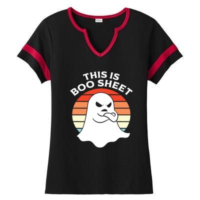 This Is Boo Sheet Ghost Retro Halloween Costume Ladies Halftime Notch Neck Tee