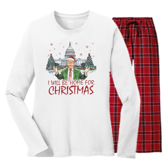 Trump Ill Be Home For Christmas White House Festive Holiday Women's Long Sleeve Flannel Pajama Set 