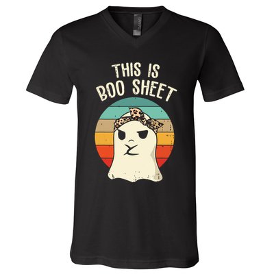 This Is Boo Sheet Ghost Retro Ghost Halloween Leopard Women V-Neck T-Shirt
