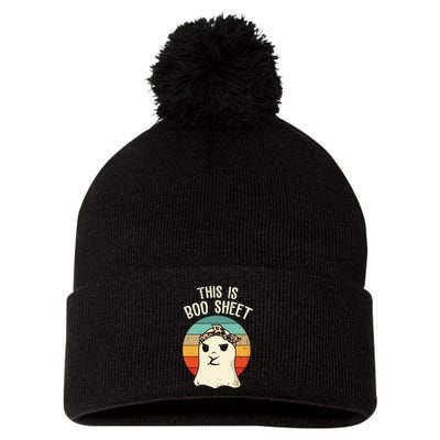 This Is Boo Sheet Ghost Retro Ghost Halloween Leopard Women Pom Pom 12in Knit Beanie