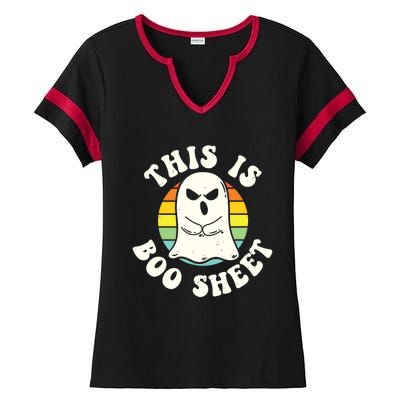 This Is Boo Sheet Ghost Retro Halloween Costume Ladies Halftime Notch Neck Tee