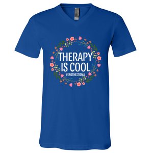 Therapy Is Cool Tal Health Awareness Self Care Floral Cute Gift V-Neck T-Shirt