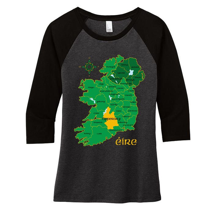 Tipperary Ireland County Map Eire Irish Travel Women's Tri-Blend 3/4-Sleeve Raglan Shirt