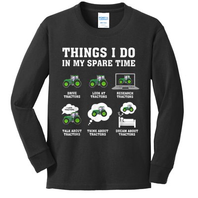 Things I Do In My Spare Time Tractor Green Funny Farmers Kids Long Sleeve Shirt