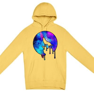 Tie Die Colorful Wolf Howling Dripping Moon  Premium Pullover Hoodie