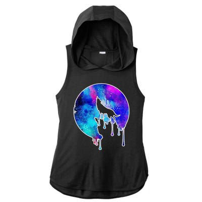 Tie Die Colorful Wolf Howling Dripping Moon  Ladies PosiCharge Tri-Blend Wicking Draft Hoodie Tank