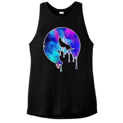 Tie Die Colorful Wolf Howling Dripping Moon  Ladies PosiCharge Tri-Blend Wicking Tank