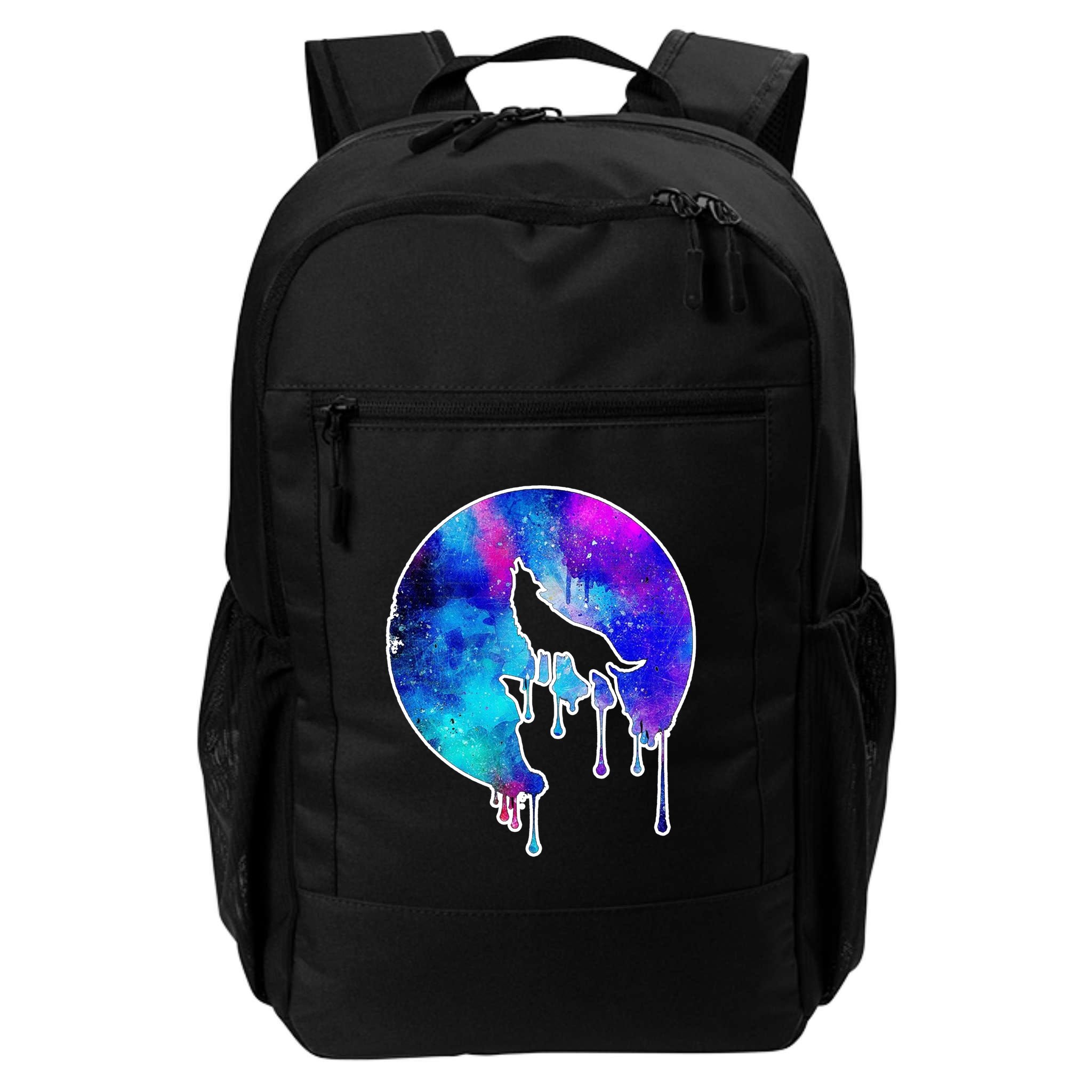 Tie Die Colorful Wolf Howling Dripping Moon  Backpack