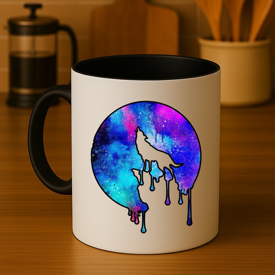 Tie Die Colorful Wolf Howling Dripping Moon  Mug