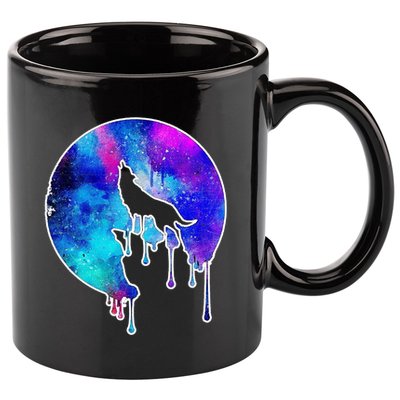 Tie Die Colorful Wolf Howling Dripping Moon  11oz C Handle Ceramic Mug