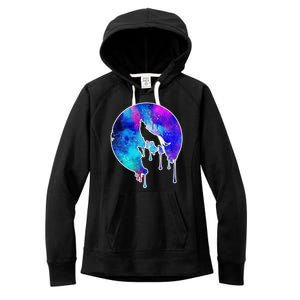 Tie Die Colorful Wolf Howling Dripping Moon  Women's Fleece Hoodie