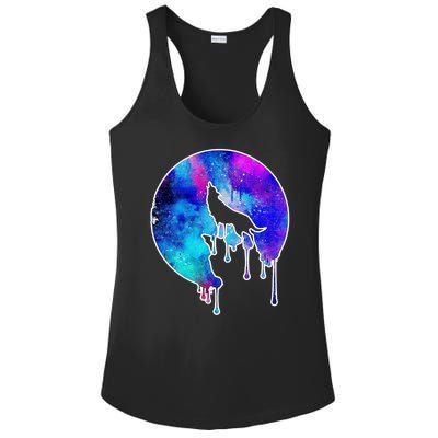 Tie Die Colorful Wolf Howling Dripping Moon  Ladies PosiCharge Competitor Racerback Tank