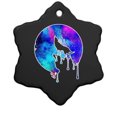 Tie Die Colorful Wolf Howling Dripping Moon  Ceramic Star Ornament