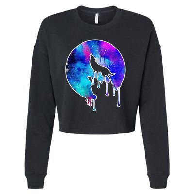 Tie Die Colorful Wolf Howling Dripping Moon  Cropped Pullover Crew