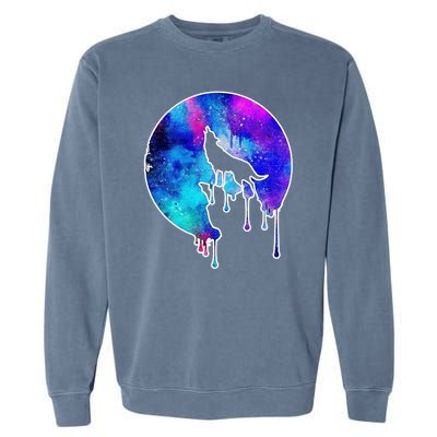 Tie Die Colorful Wolf Howling Dripping Moon  Garment-Dyed Sweatshirt