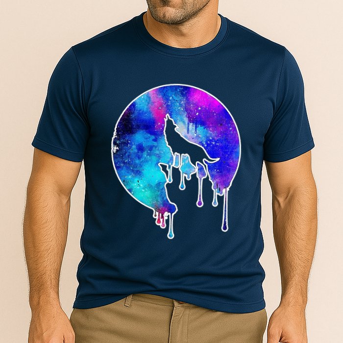 Tie Die Colorful Wolf Howling Dripping Moon  Performance Shirt