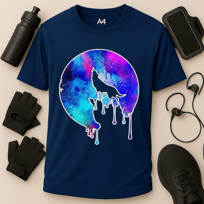 Tie Die Colorful Wolf Howling Dripping Moon  Performance Shirt