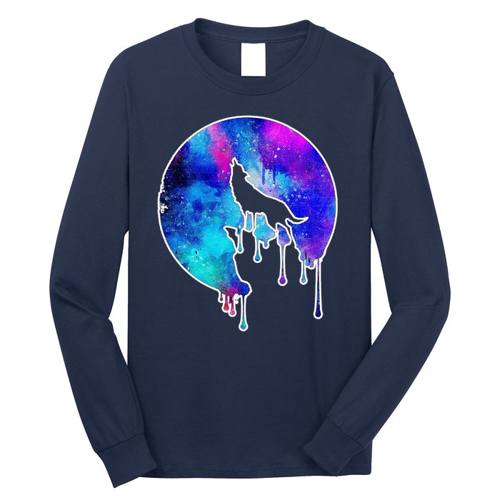 Tie Die Colorful Wolf Howling Dripping Moon  Long Sleeve Shirt