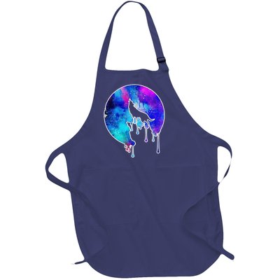 Tie Die Colorful Wolf Howling Dripping Moon  Full-Length Apron With Pockets