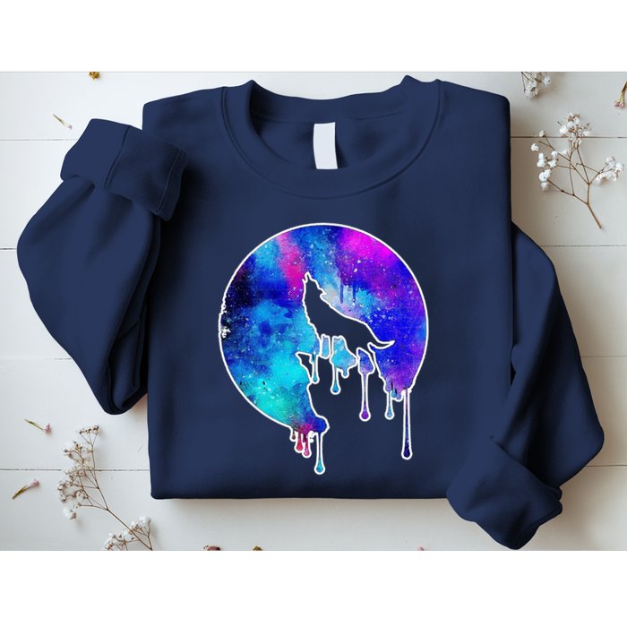 Tie Die Colorful Wolf Howling Dripping Moon  Sweatshirt