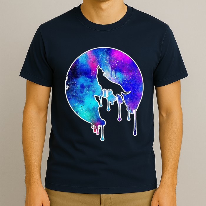 Tie Die Colorful Wolf Howling Dripping Moon  T-Shirt