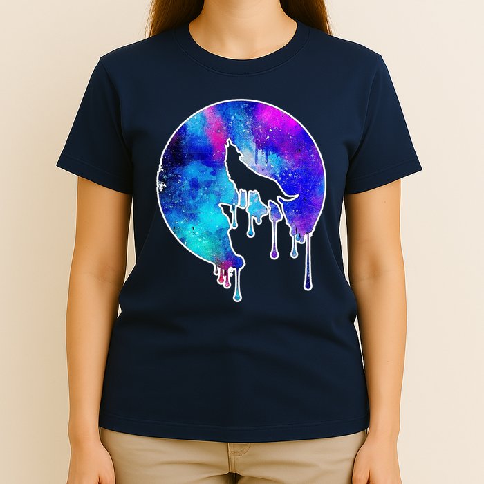 Tie Die Colorful Wolf Howling Dripping Moon  T-Shirt