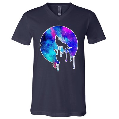 Tie Die Colorful Wolf Howling Dripping Moon  V-Neck T-Shirt