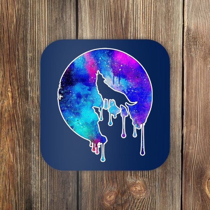 Tie Die Colorful Wolf Howling Dripping Moon  Coaster