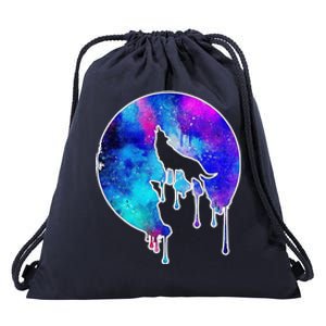 Tie Die Colorful Wolf Howling Dripping Moon  Drawstring Bag