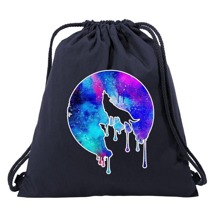 Tie Die Colorful Wolf Howling Dripping Moon  Drawstring Bag