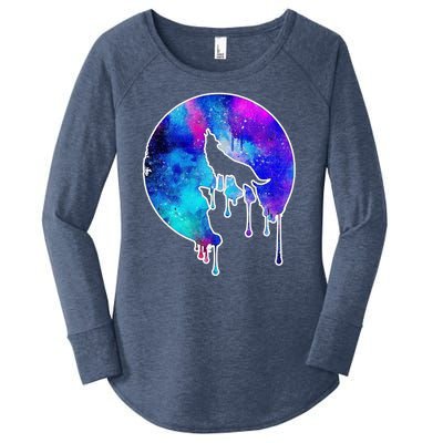 Tie Die Colorful Wolf Howling Dripping Moon  Women's Perfect Tri Tunic Long Sleeve Shirt