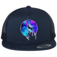 Tie Die Colorful Wolf Howling Dripping Moon  Flat Bill Trucker Hat