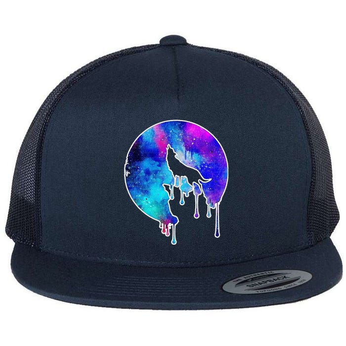 Tie Die Colorful Wolf Howling Dripping Moon  Flat Bill Trucker Hat