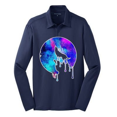 Tie Die Colorful Wolf Howling Dripping Moon  Silk Touch Performance Long Sleeve Polo