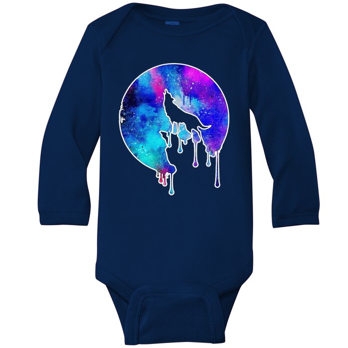 Tie Die Colorful Wolf Howling Dripping Moon  Baby Long Sleeve Bodysuit