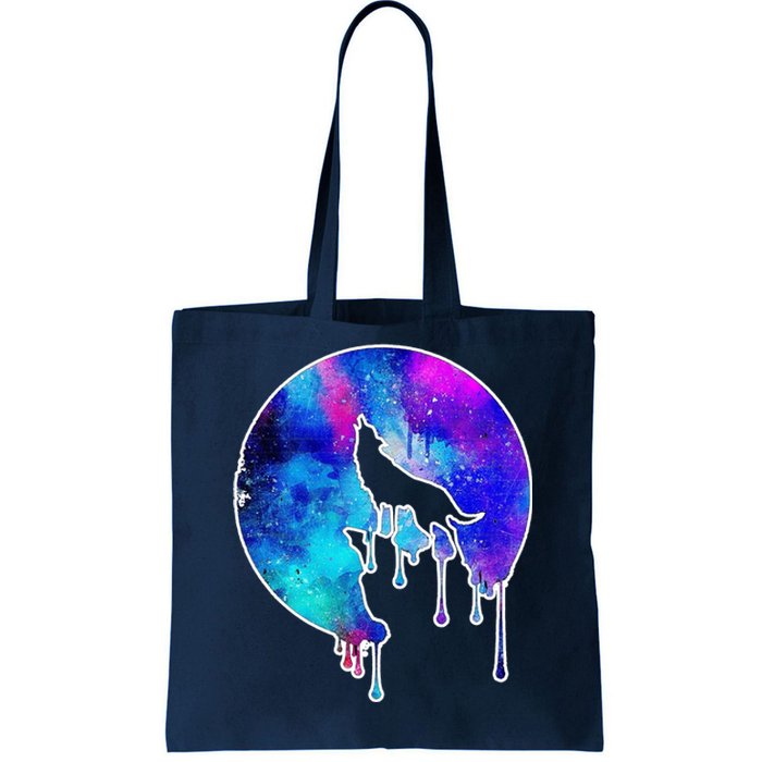 Tie Die Colorful Wolf Howling Dripping Moon  Tote Bag