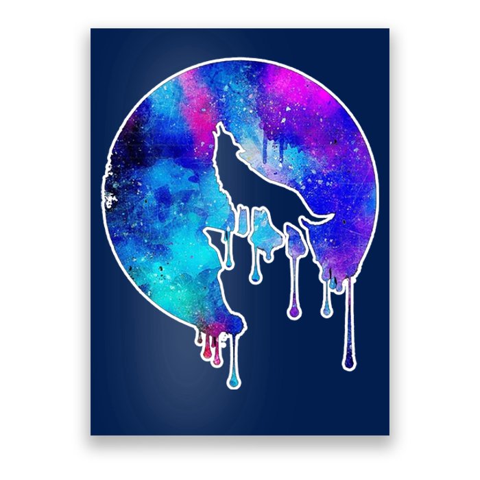 Tie Die Colorful Wolf Howling Dripping Moon  Poster