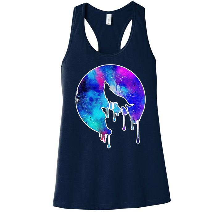 Tie Die Colorful Wolf Howling Dripping Moon  Women's Racerback Tank