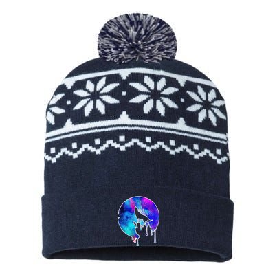 Tie Die Colorful Wolf Howling Dripping Moon  USA-Made Snowflake Beanie