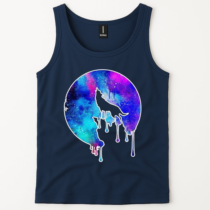 Tie Die Colorful Wolf Howling Dripping Moon  Tank Top